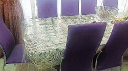 میز نهار خوری ده نفره شیشه استیل و چوب با ده صندلی استیل