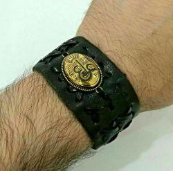 دستبند چرم اصل با نگین حدید طلاکوبی پر خواص